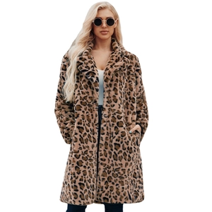 Long leopard print faux fur coat with notched lapel and cozy winter fashion style