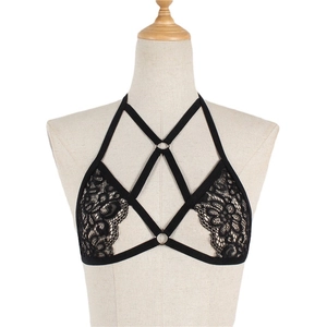 Bralette sexy en dentelle noire avec sangles élastiques et anneaux métalliques argentés