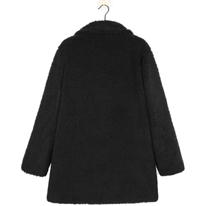 Back view of a black mid-length teddy fleece coat with thick lamb wool texture