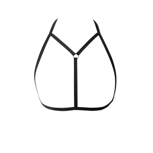 Symmetric black elastic body harness with metal ring center for women's fashion lingerie