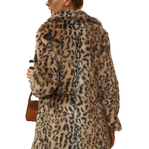 Women's long leopard print faux fur coat with thick plush texture and back view silhouette