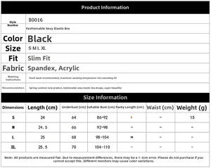 Size chart showing measurements for the sexy strappy black bralette from S to XL