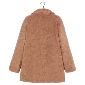 Back view of brown teddy coat showing thick faux shearling texture and mid-length cut