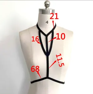 Detailed size chart for black elastic strappy body harness with precise measurements