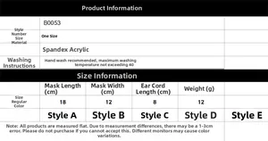 Size chart for breathable embroidered face mask with dimensions and fabric details
