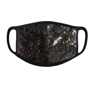 Close-up of black breathable mask with sparkling sequins and detailed fabric edging