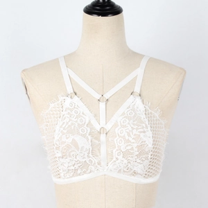 Detail of white eyelash lace top featuring cage design and silver metal ring accents