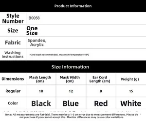 Size chart and washing guide for breathable summer face mask with material specifications