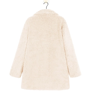 Detail view of the plush sherpa texture on the back of this beige long-sleeve coat