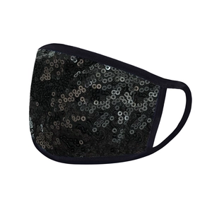 Detail of breathable black sequined fashion mask with elastic ear loops for parties