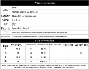 Size guide table for sequin lingerie showing measurements for S to XL in various colors