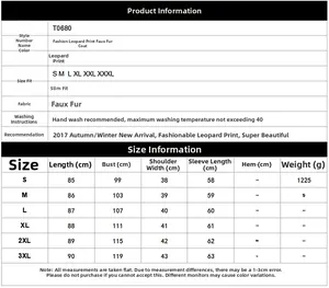 Detailed size chart for Leopard Faux Fur Coat T0680 including lengths and chest measurements