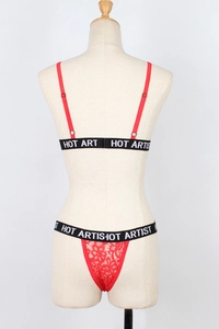 Detail of red floral lace lingerie set with branded HOT ARTIST elastic waistbands