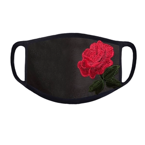 Detailed close-up of high-quality red rose embroidery on a black breathable cotton mask