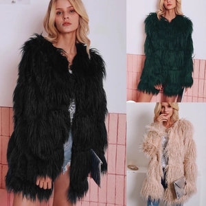 Manteau en Fausse Fourrure Mi-Long pour Femmes Mode Col Rond Veste Moelleuse Shaggy Couleur Unie Hiver Chaud Streetwear
