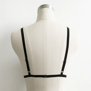 Detailed back view of sexy black strappy bra with adjustable thin elastic straps