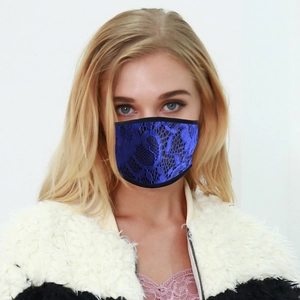 Detail of blue lace sun protection mask with black elastic trim worn by a female model