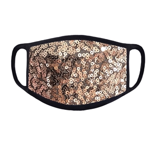 Washable rose gold sequin face mask with black elastic ear loops for sun protection