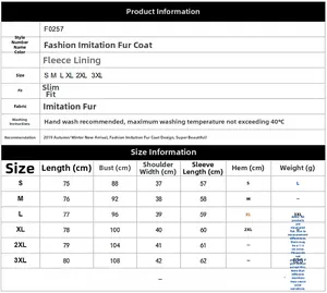 Detailed size guide and measurements table for the women's slim fit faux fur winter coat