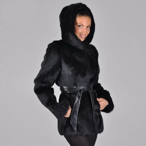 Faux fur hooded jacket with waist belt in black for women stylish winter outerwear