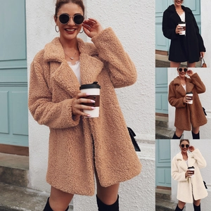 Women's Casual Teddy Fleece Mid-Length Coat Winter Warm Acrylic Faux Fur Jacket Soft Loose Lapel Collar Urban Outwear
