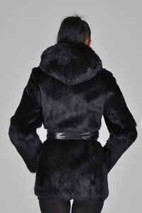 Back view of black hooded faux fur coat with a wide waist belt and plush texture