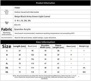 Size guide for women's faux shearling blazer coat with detailed measurements from S to 3XL