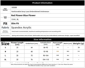 Size guide for lace floral lingerie showing measurements from S to XL in a detailed chart