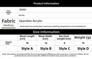 Detailed size chart for breathable embroidered face mask with spandex and acrylic fabric
