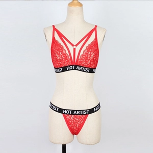 Red lace lingerie set featuring triangle cups and Hot Artist lettered elastic bands