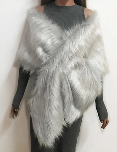 Detail of soft silver-grey faux fur wrap scarf showing premium fluffy texture and finish