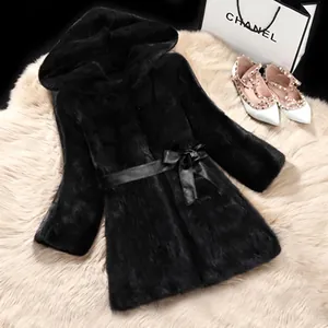 Women's mid-length black faux fur hooded coat with elegant leather bow belt and warm design