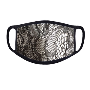 Close-up of washable black lace face mask showing intricate patterns and elastic ear loops