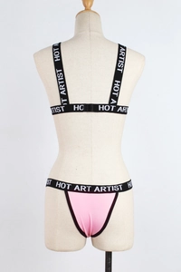 Rear view of pink lingerie set showing elastic straps with HOT ART ARTIST lettering
