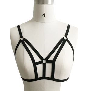 Sexy black strappy body harness bra with geometric elastic bands and metal rings