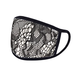 Close-up of elegant black lace pattern on breathable sun protection face mask for women