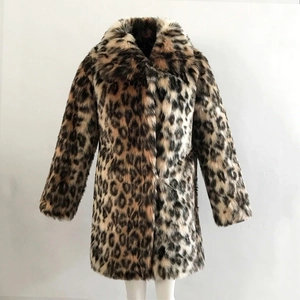 Close-up of thick faux fur material and lapel detail on leopard print winter coat