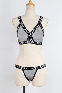 Detail of grey sports lingerie set with HOT ARTIST lettered elastic bands and V-neck bra