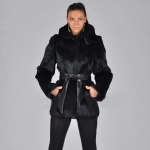Women's black hooded faux fur coat with matching leather belt for elegant winter warmth