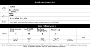 Size chart for breathable lace face mask showing 18cm length and spandex fabric details
