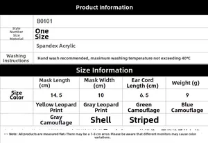 Detailed size chart for breathable washable face masks with fabric and washing instructions