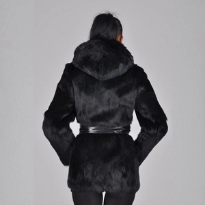 Women's black faux fur hooded coat with belted waist and long plush texture, back view
