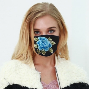 Washable black face mask with blue floral embroidery for sun and dust protection