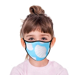 Detailed view of kids breathable face mask with light blue scallop pattern and black trim