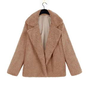 Women's mid-length camel faux shearling coat with classic lapel collar and fluffy texture