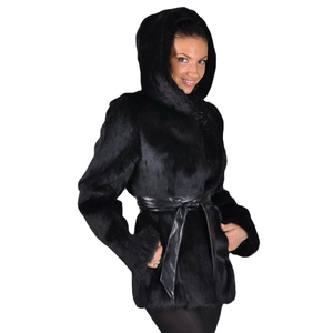 Women's black faux fur hooded coat with a shiny leather belt for a slim fit winter look