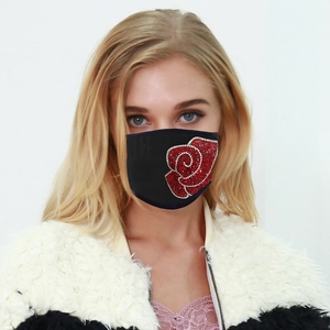 Washable black breathable face mask with sparkling red rhinestone rose floral design for adults