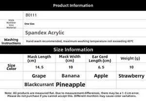 Size chart for breathable fruit embroidery face masks with fabric and dimension details