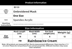 Detailed size chart and material specifications for embroidered breathable face masks