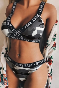 Detail of sexy camo lingerie set with elastic straps and SEXY BABY white letter print
